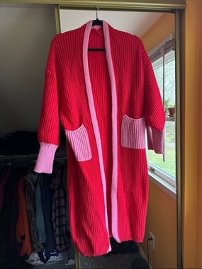 SHEIN Red Long Cardigan with Pink Trim & Pockets